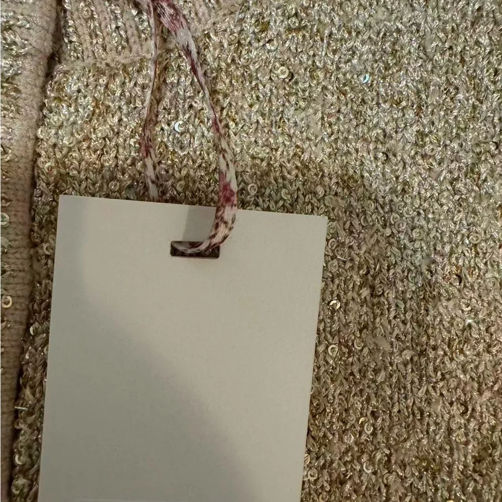 LoveShackFancy Ferra Sequin Stretch Knit Cardigan Color:Honey Gold NWT